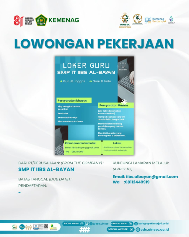 SMP IT IIBS Al-Bayan Majalengka Buka Lowongan Guru Bahasa Inggris dan Bahasa Indonesia