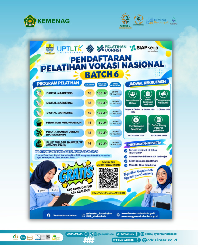 UPTLTK Kota Cirebon Buka Pelatihan Vokasi Nasional Batch 6 2026 Tanpa Biaya