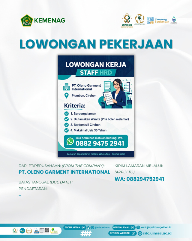 PT Oleno Garment International Buka Lowongan Staff HRD dan Accounting di Cirebon