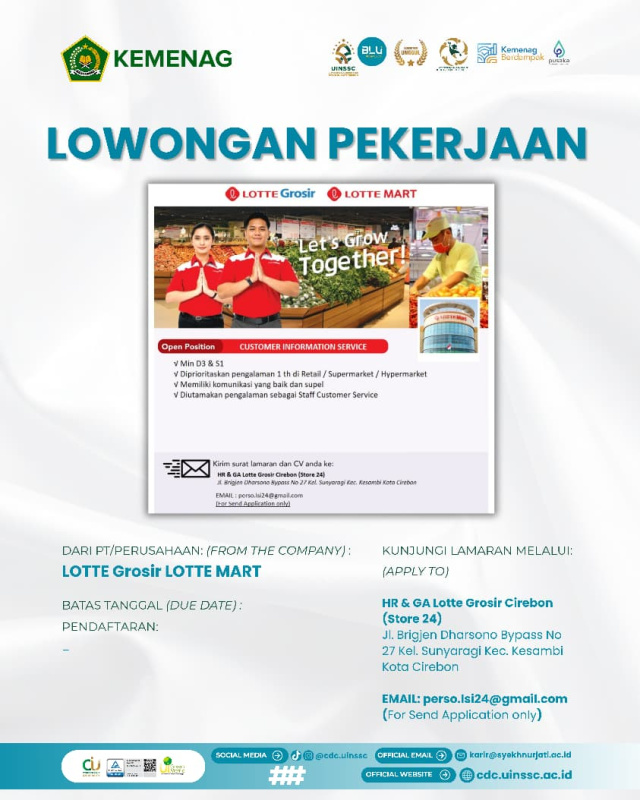 Lotte Grosir & Lotte Mart Cirebon Buka Lowongan Kerja untuk Customer Information Service dan Tele Sales
