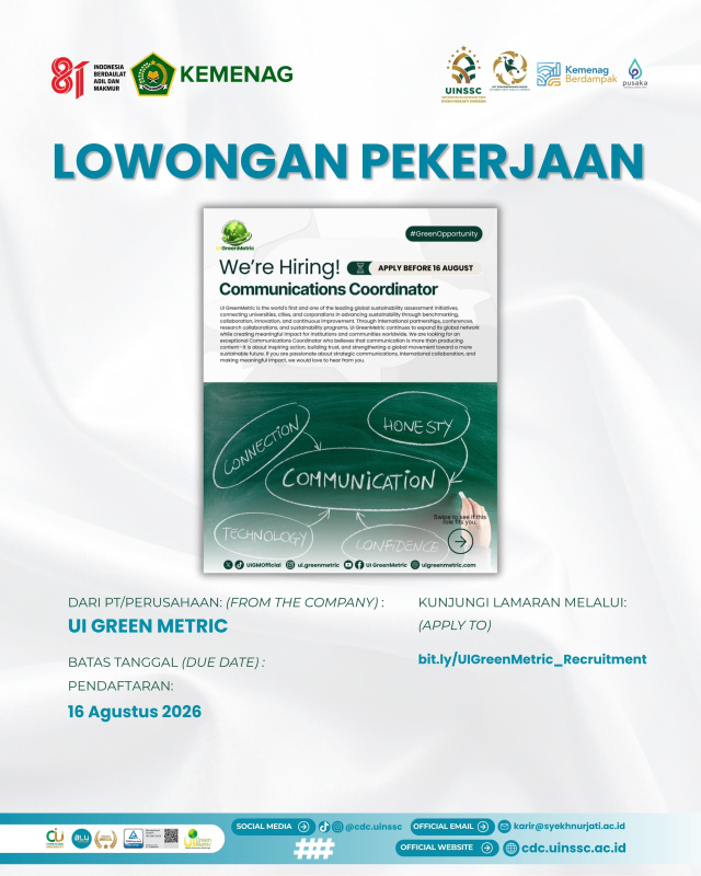 UI GreenMetric Buka Lowongan Communications Coordinator, Peluang Berkarier di Tingkat Internasional