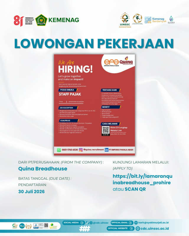 PT Emporio Pahala Abadi (Quina Breadhouse) Buka Lowongan Staff Pajak, Kesempatan Berkarier di Kota Tegal