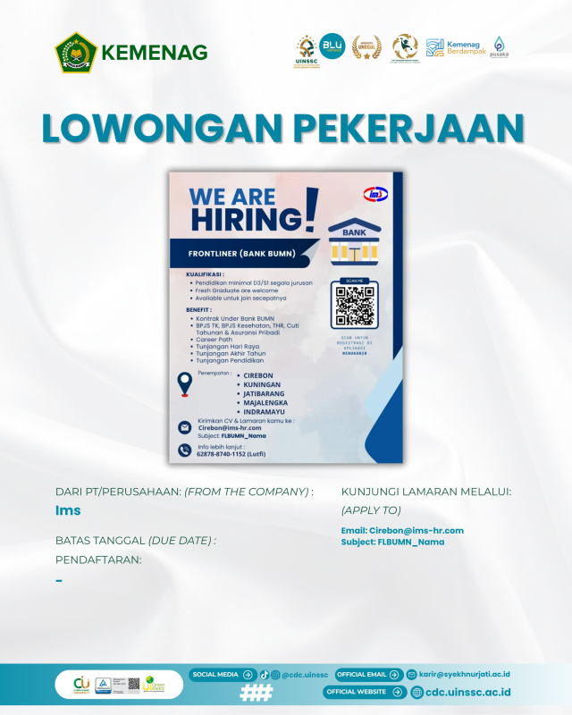 PT Infomedia Solusi Humanika (IMS) Buka Lowongan Frontliner Bank BUMN untuk Penempatan Wilayah III Cirebon