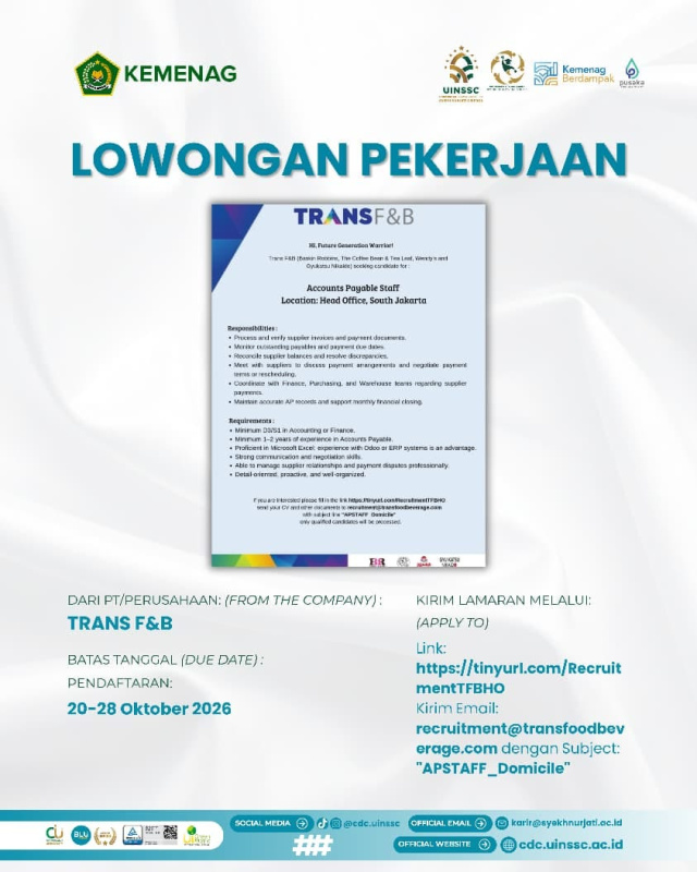 TRANS F&B Buka Rekrutmen Accounts Payable Staff untuk Penempatan di Jakarta Selatan
