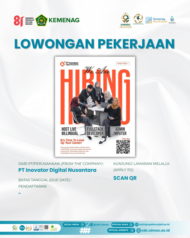 Lowongan Kerja PT Inovator Digital Nusantara: Admin Data, Host Live Multilingual, dan Fullstack Developer