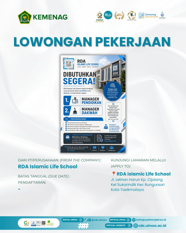 RDA Islamic Life School Buka Lowongan Manager Pendidikan dan Manager Dakwah
