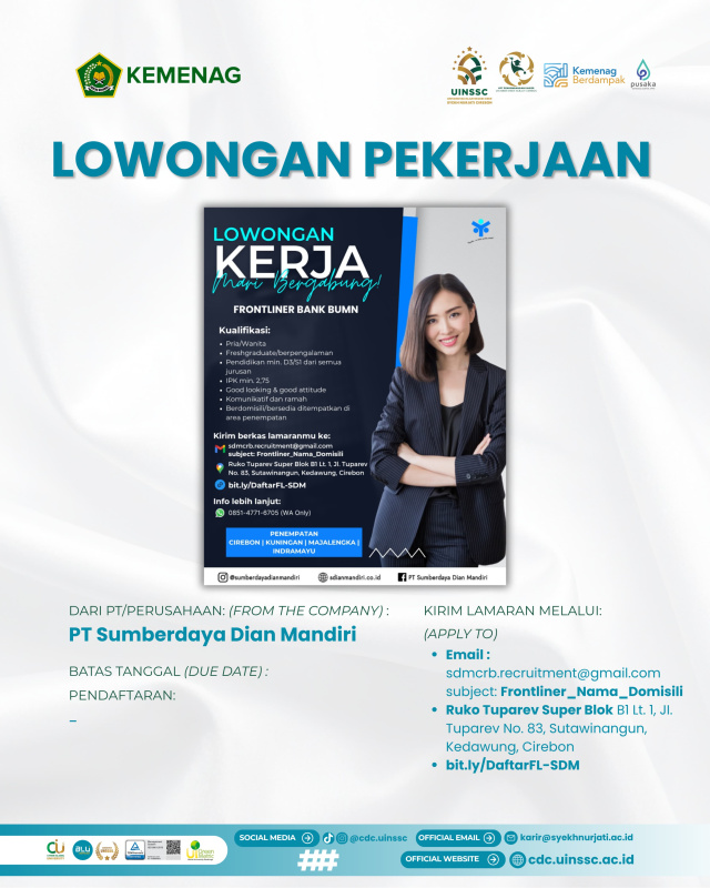 PT Sumber Daya Dian Mandiri Buka Lowongan Frontliner Bank BUMN untuk Penempatan Ciayumajakuning