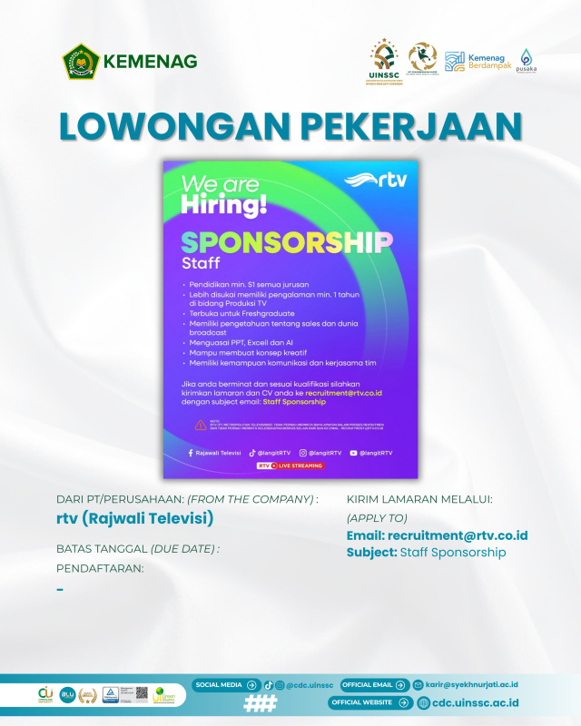 Rajawali Televisi Buka Lowongan Sponsorship Staff, Simak Informasi Pendaftarannya