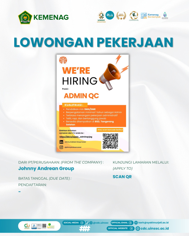 Johny Andrean Group Buka Lowongan Admin QC (Quality Control)