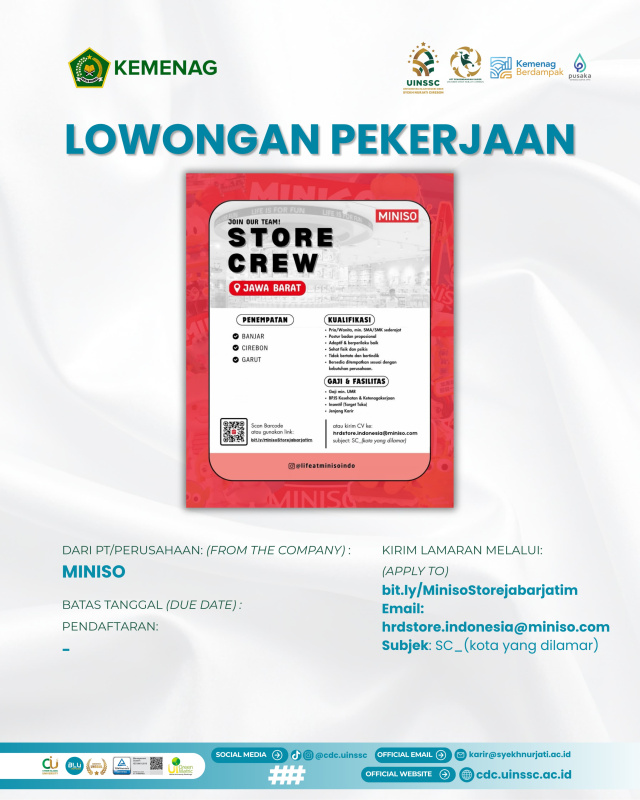 MINISO Indonesia Buka Lowongan Store Crew untuk Penempatan Banjar, Cirebon, dan Garut