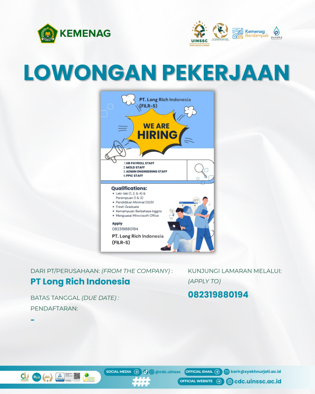 PT Long Rich Indonesia Buka Lowongan Kerja untuk Sejumlah Posisi Strategis