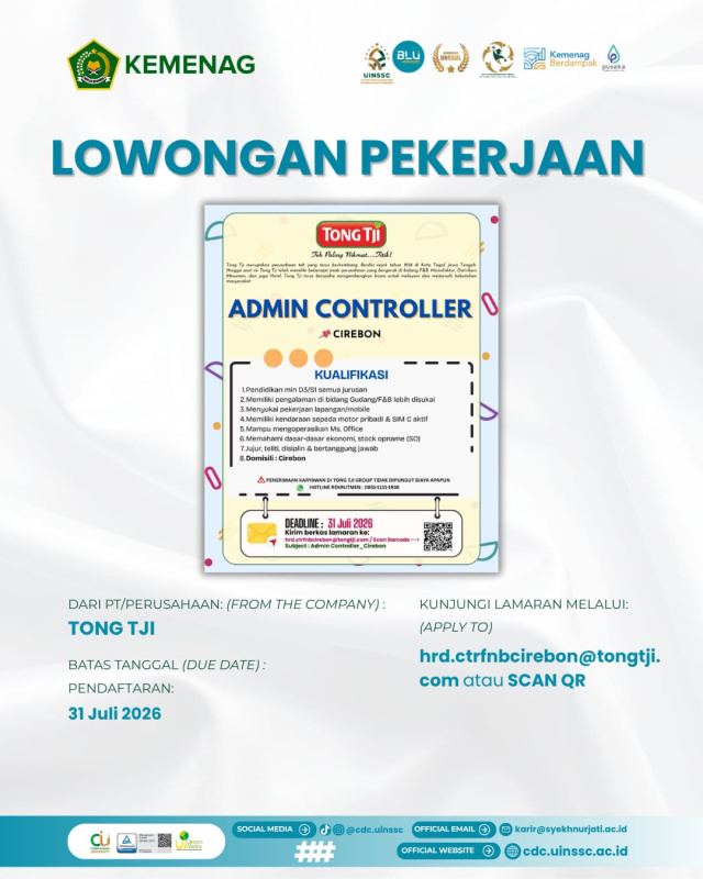 TongTji Buka Lowongan Admin Controller untuk Penempatan Cirebon
