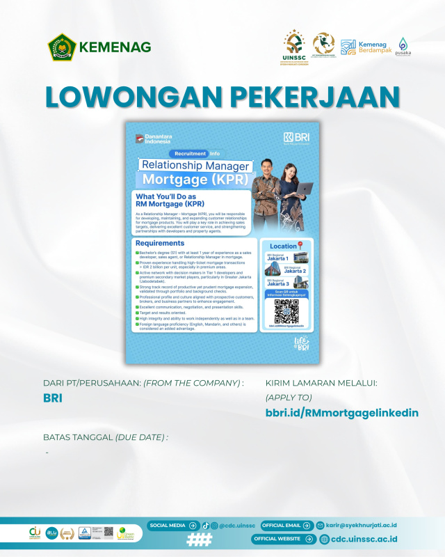 Bank BRI Buka Lowongan Relationship Manager Mortgage untuk Penempatan Jakarta